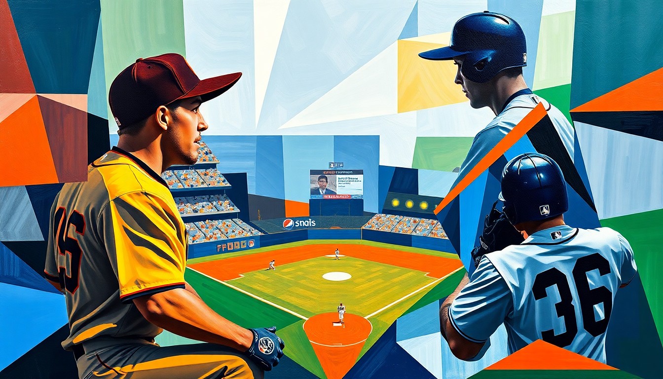 A fractured, multi-perspective painting featuring angular shapes and planes of vibrant colors, representing the action and intensity of a baseball game between the San Francisco Giants and San Diego Padres.