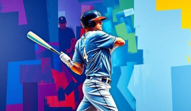 A fragmented, geometric painting depicting a baseball player