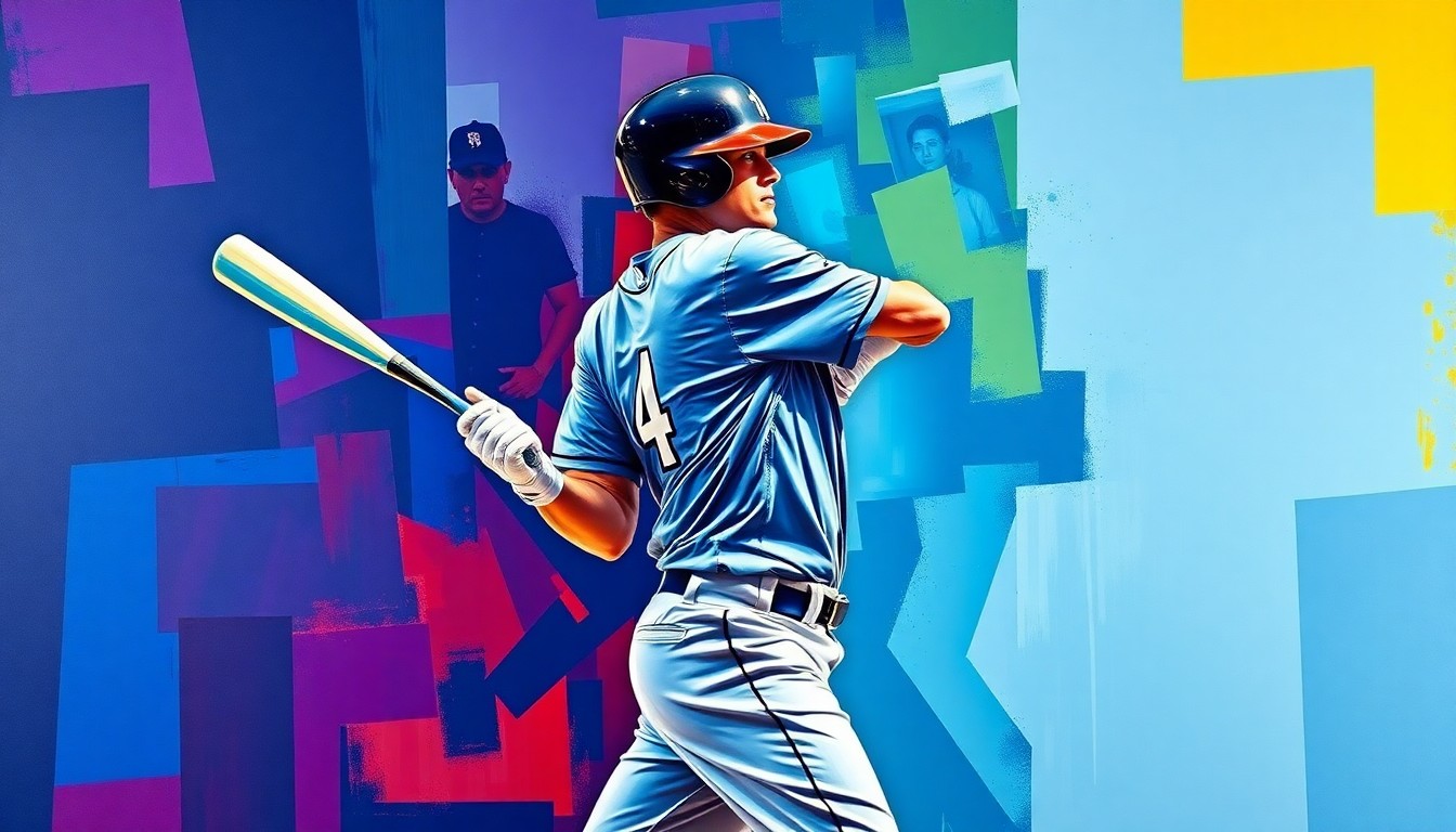A fragmented, geometric painting depicting a baseball player