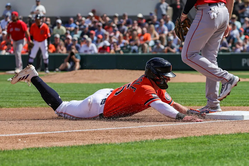 Detroit Tigers third baseman Kevin McGonigle (85) slides safe into third during the second inning against the Boston Red Sox at Publix Field at Joker Marchant Stadium in Lakeland, Florida, on Friday, March 6, 2026.