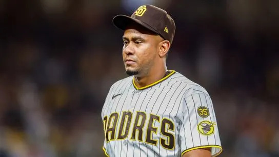 Mar 27, 2026; San Diego, California, USA; San Diego Padres relief pitcher Wandy Peralta (58) walks off the field during the eighth inning against the Detroit Tigers at Petco Park.