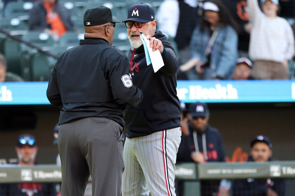 Minnesota Twins manager Derek Shelton argues a call during the ninth inning against the Baltimore Orioles at Oriole Park at Camden Yards. Daniel Kucin Jr.-Imagn Images