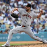 San Francisco Giants relief pitcher Joey Lucchesi (57) pitches during the ninth inning against the Los Angeles Dodgers at Dodger Stadium.