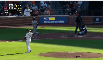 Orioles reliever Ryan Helsey taps his head to signal for the ABS challenge against the Twins on Sunday. @JomboyMedia/X