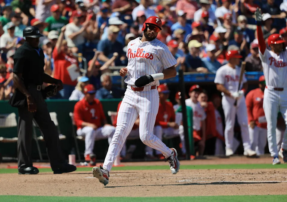 Mar 5, 2026; Clearwater, Florida, USA; Philadelphia Phillies outfielder Justin Crawford (80) scores a run during the second inning against the Boston Red Sox at BayCare Ballpark. Mandatory Credit: Kim Klement Neitzel-Imagn Images