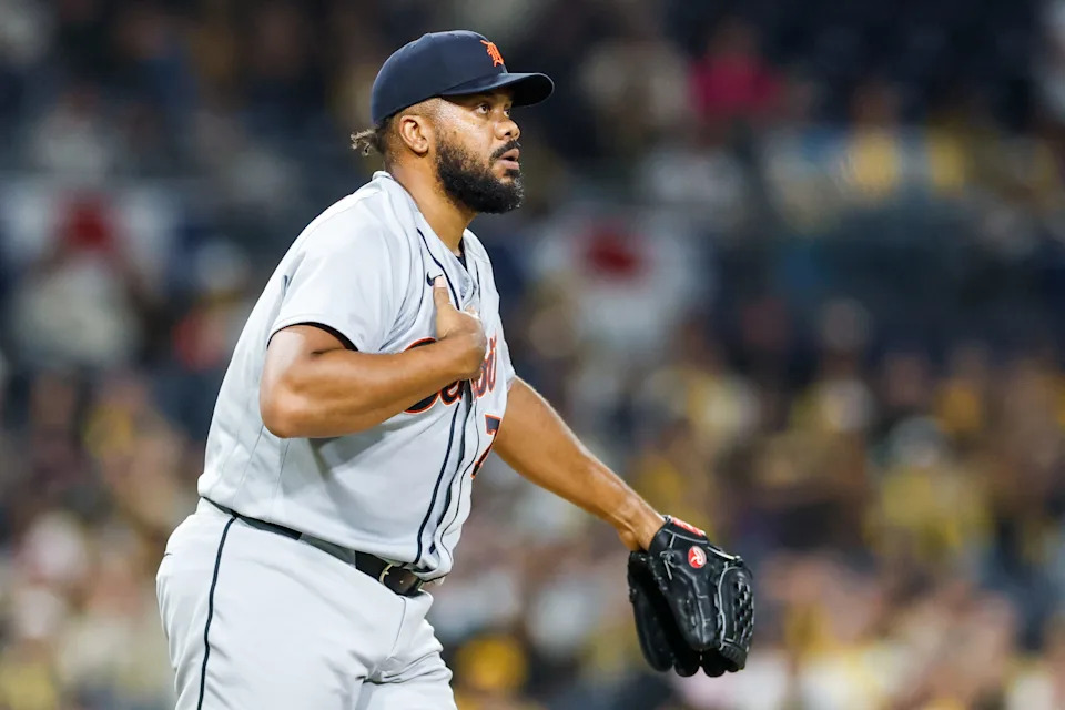 Mar 27, 2026; San Diego, California, USA; Detroit Tigers relief pitcher Kenley Jansen (74) celebrates after defeating the San Diego Padres at Petco Park. Mandatory Credit: David Frerker-Imagn Images