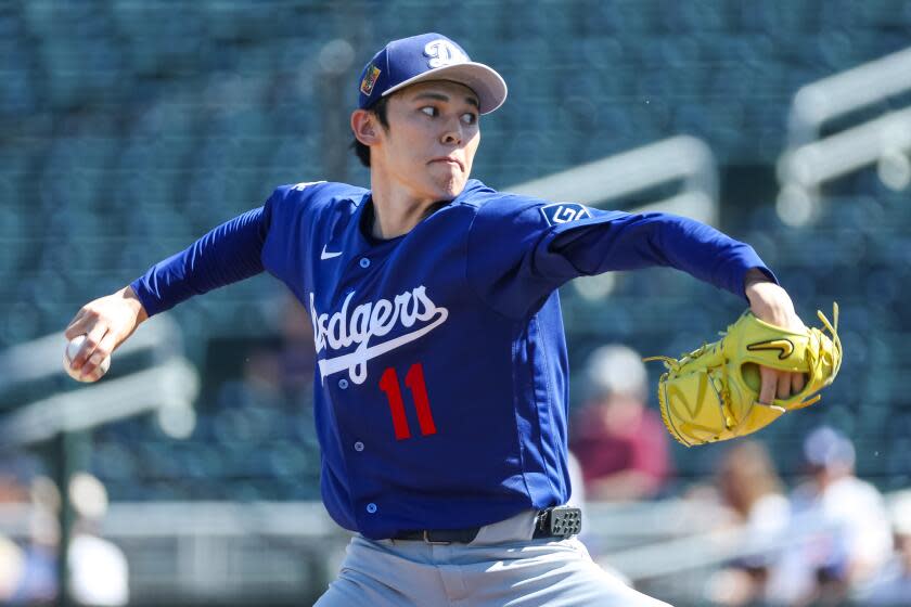 GOODYEAR, ARIZONA - MARCH 3: Roki Sasaki #11 of the Los Angeles Dodgers pitches during the first inning of the spring training game against the Cleveland Guardians at Goodyear Ballpark on March 3, 2026 in Goodyear, Arizona. (Photo by Mike Christy/Getty Images)
