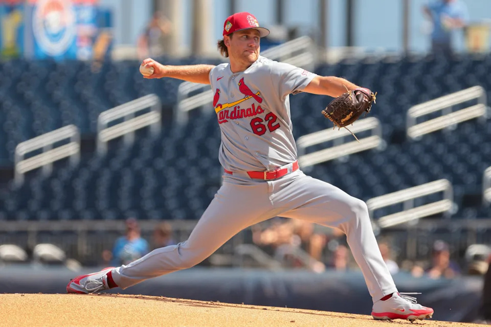 Feb 22, 2026; West Palm Beach, Florida, USA; St. Louis Cardinals starting pitcher Kyle Leahy (62) delivers a pitch against the Houston Astros during the first inning at CACTI Park of the Palm Beaches. Mandatory Credit: Sam Navarro-Imagn Images | Sam Navarro-Imagn Images