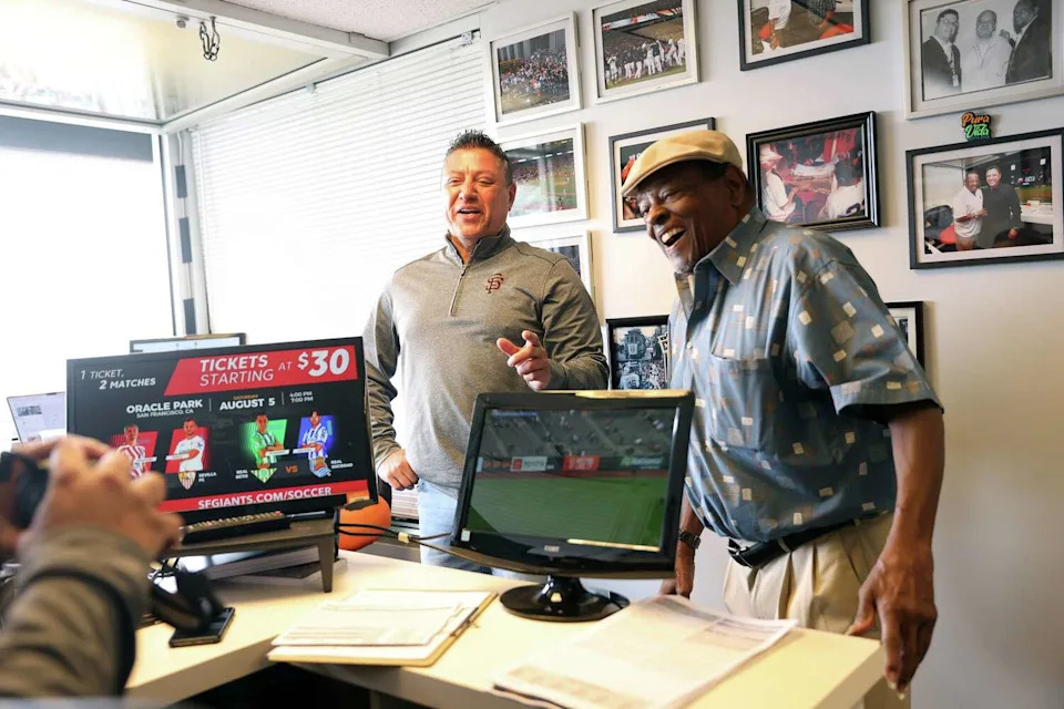 Giants Spanish-speaking broadcasters Tito Fuentes (right) and Erwin Higueros in their booth at Oracle Park in San Francisco on Wednesday, May 31, 2023. (Scott Strazzante/The Chronicle)