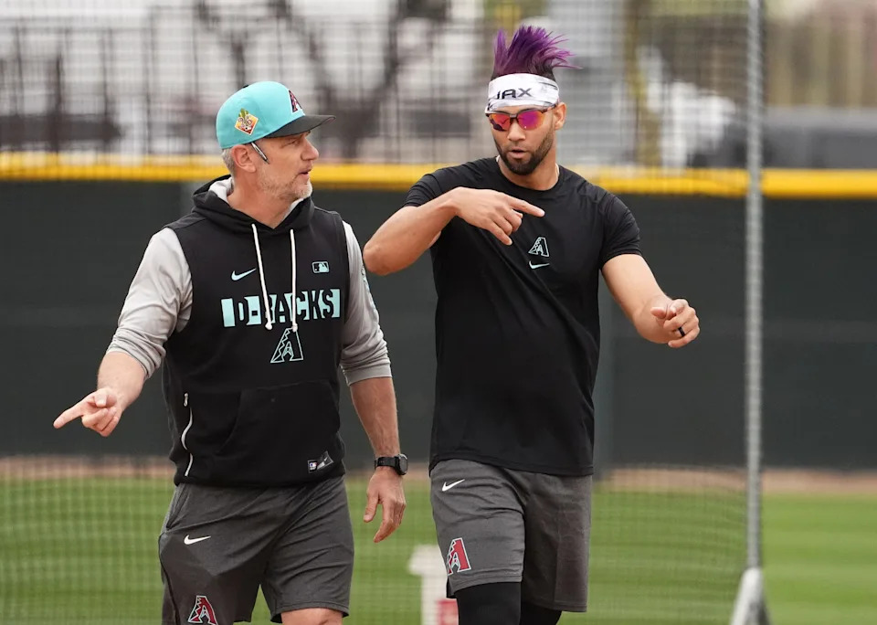 Arizona Diamondbacks Lourdes Gurriel Jr. (right) during spring training workouts at Salt River Fields on Feb. 13, 2026, in Scottsdale.