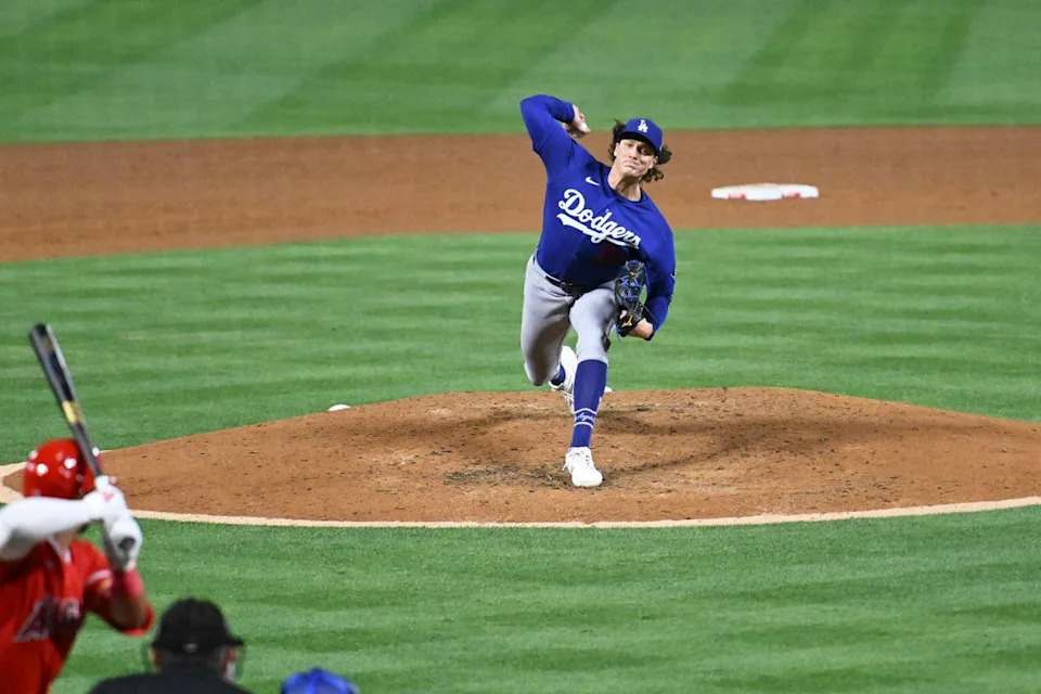 The Los Angeles Dodgers pitcher Tyler Glasnow (31) pitches during a Spring Training Game against The Los Angeles Angels, March 22nd, 2026 in Anaheim, California.