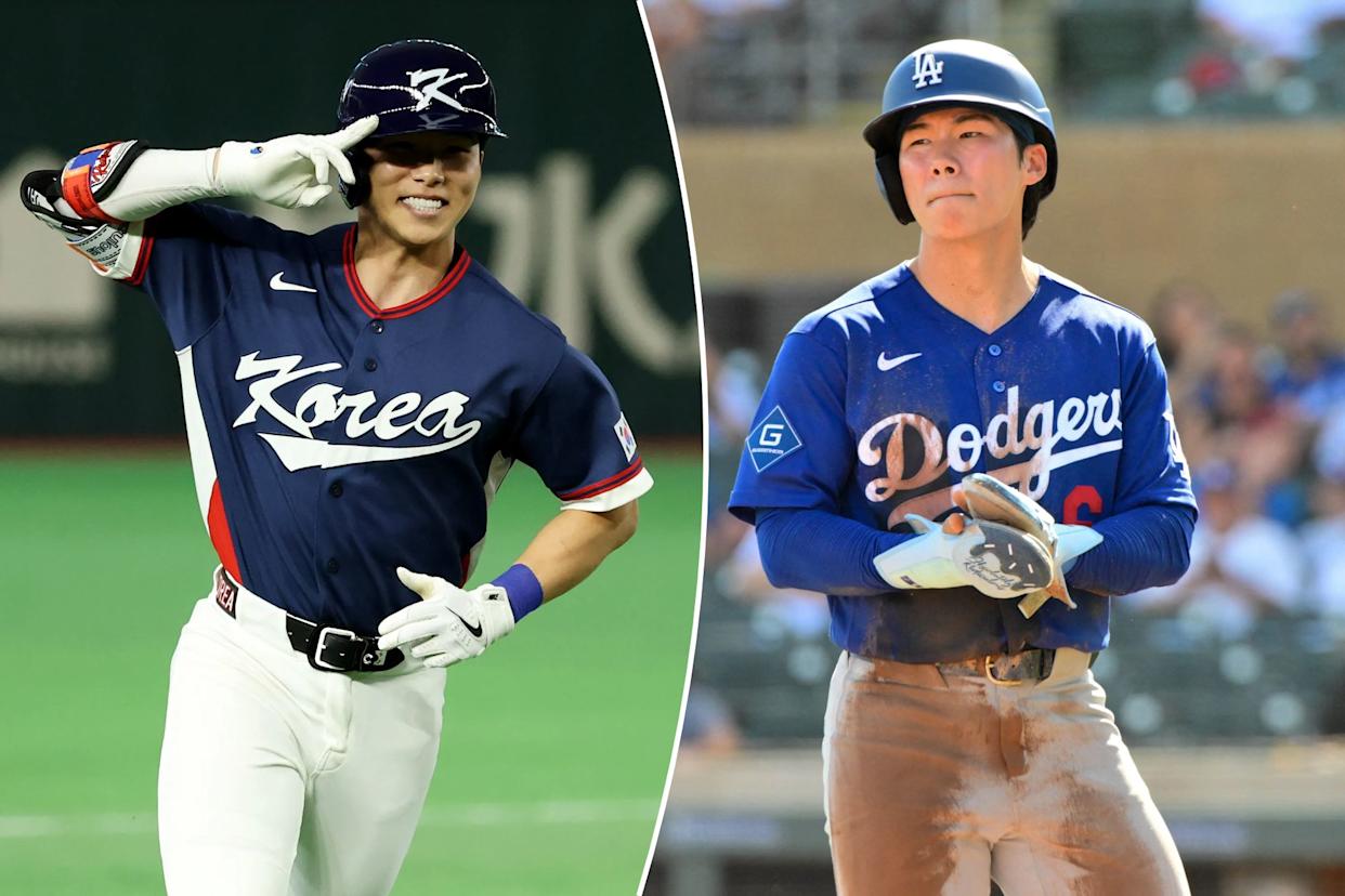 An image collage containing 2 images, Image 1 shows Baseball player in a South Korea uniform saluting at a game, Image 2 shows A baseball player in a Los Angeles Dodgers uniform and helmet, with dirt on his pants, stands on the field, holding his glove