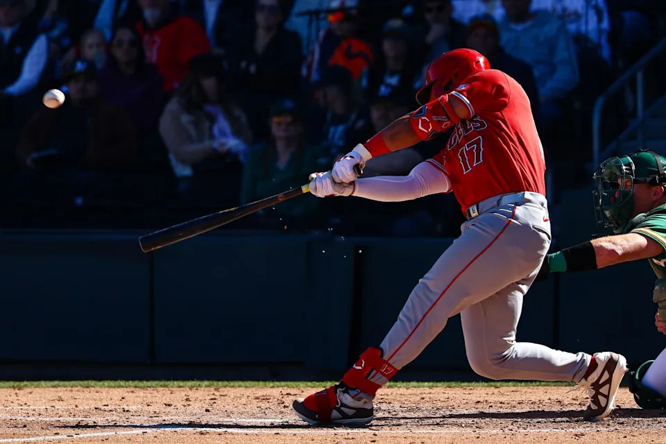 Los Angeles Angels INF Oswald Peraza (17) hits a 2-RBI double against the Athletics on Saturday March 7, 2026, in Las Vegas, Nevada. 