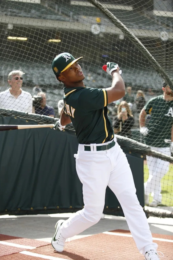 First-round draft pick Kyler Murray of the A’s takes batting practice after signing his contract at the Oakland <br>Alameda Coliseum on June 15, 2018. Getty Images