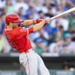 Mar 17, 2026; Mesa, Arizona, USA; Los Angeles Angels outfielder Chris Taylor against the Chicago Cubs during a spring training game at Sloan Park. Mandatory Credit: Mark J. Rebilas-Imagn Images
