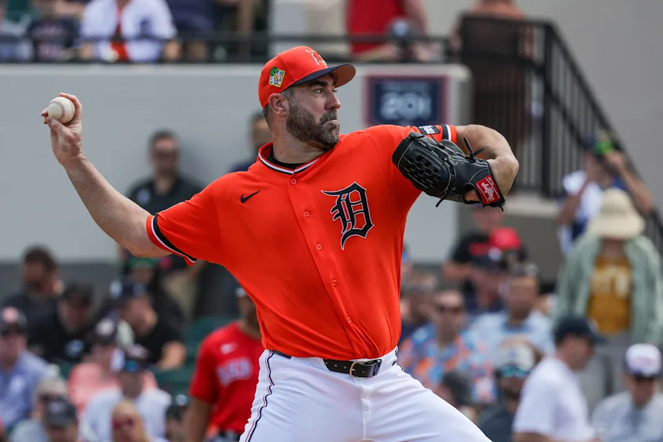 Detroit Tigers pitcher Justin Verlander (35) throws during the first inning against the Boston Red Sox at Publix Field at Joker Marchant Stadium in Lakeland, Florida, on Friday, March 6, 2026.