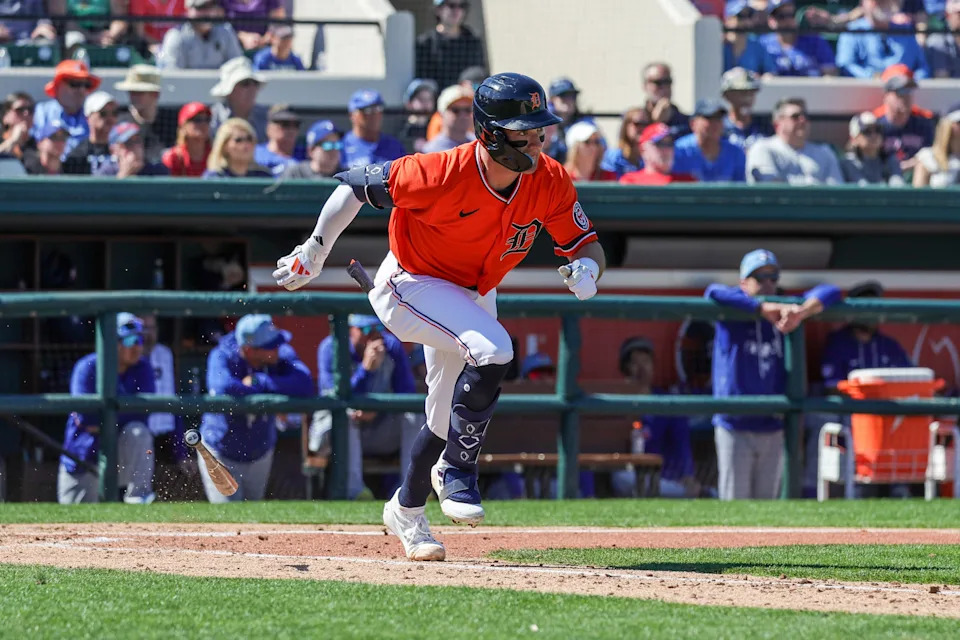 Detroit Tigers shortstop Kevin McGonigle runs to first during the third inning against the Toronto Blue Jays at Publix Field at Joker Marchant Stadium, Feb. 25, 2026, in Lakeland, Florida.
