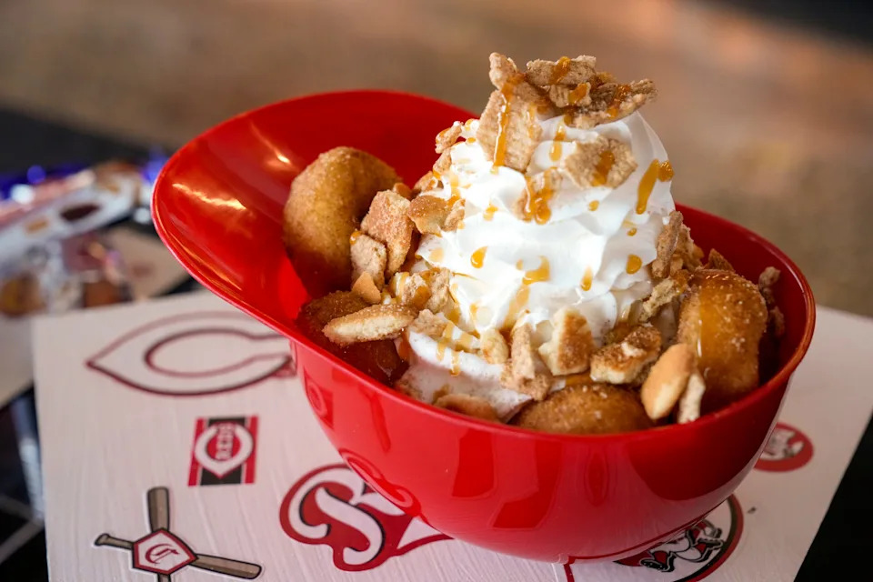 The Banana Pudding helmet bowl is displayed during the annual preseason food preview at Great American Ball Park in downtown Cincinnati on Friday, March 20, 2026.