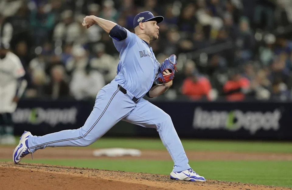 Toronto Blue Jays pitcher Yariel Rodriguez (29) throws in the eighth inning against the Seattle Mariners during game three of the ALCS round for the 2025 MLB playoffs at T-Mobile Park. John Froschauer-Imagn Images