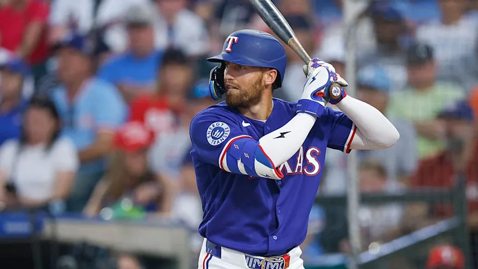 <div>SURPRISE, ARIZONA - MARCH 18: Brandon Nimmo #24 of the Texas Rangers waits for a pitch during a Spring Training game against the Kansas City Royals at Surprise Stadium on March 18, 2026 in Surprise, Arizona. (Photo by Brandon Sloter/Getty Images)</div>