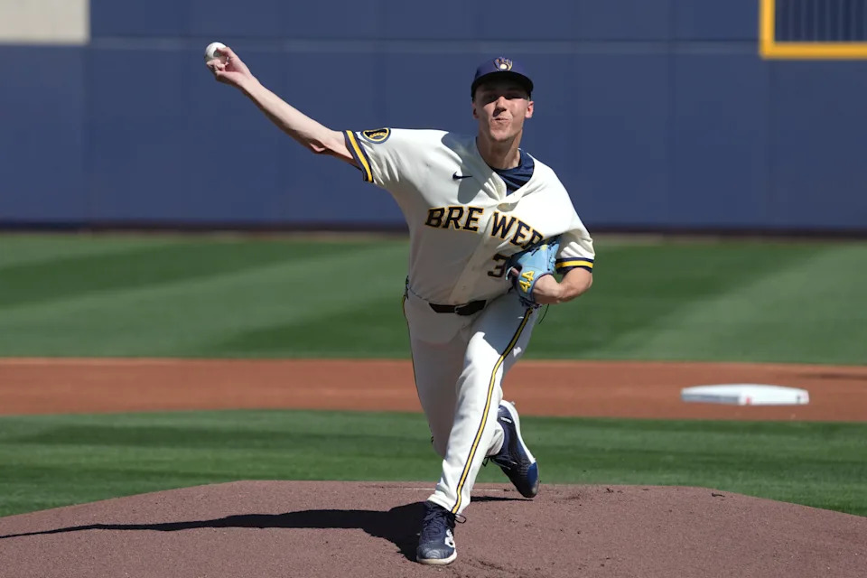 The Brewers' Jacob Misiorowski, seen in action earlier this spring, worked on his curveball in pitching four innings against the Rockies on March 14 at American Family Fields of Phoenix.