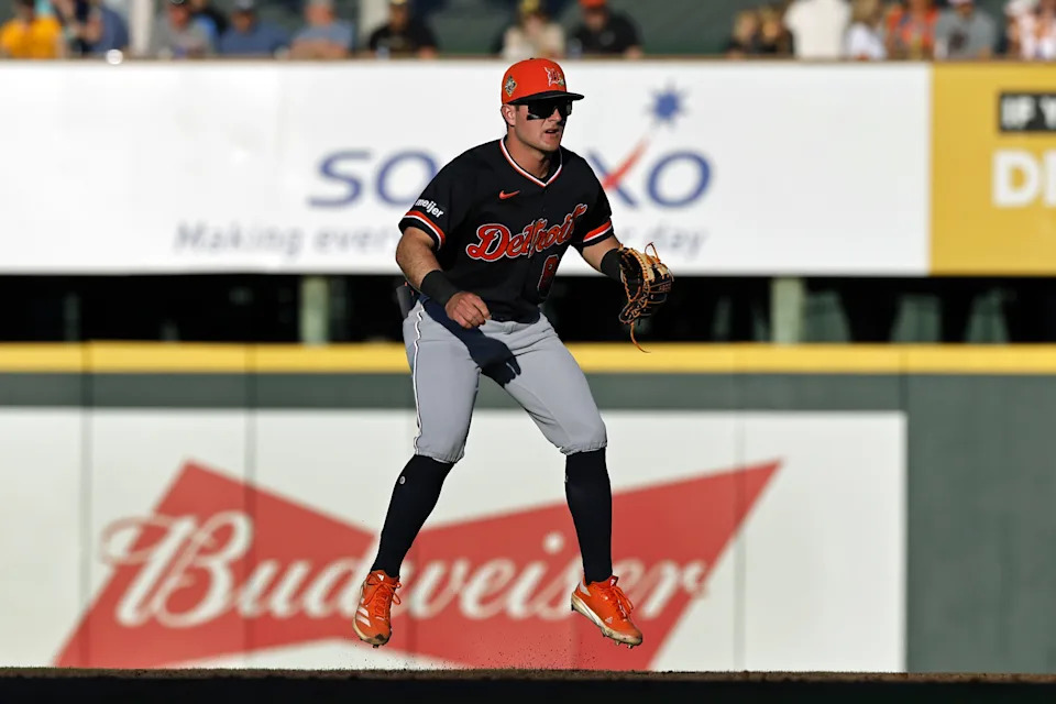 BRADENTON, FL - MARCH 18: Kevin McGonigle (85) of the Detroit Tigers fields at shortstop during a spring training game against the Pittsburgh Pirates on March 18, 2026 at LECOM Park in Bradenton, Florida. (Photo by Joe Robbins/Icon Sportswire via Getty Images) | Icon Sportswire via Getty Images