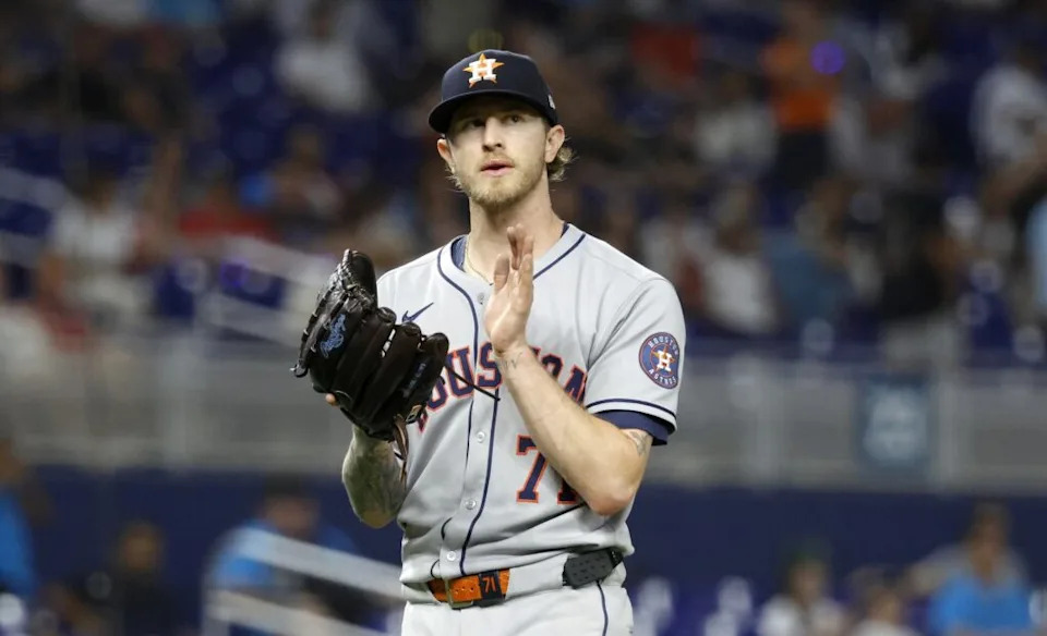 Aug 5, 2025; Miami, Florida, USA; Houston Astros pitcher Josh Hader (71) celebrates defeating the Miami Marlins following the game at loanDepot Park. Mandatory Credit: Rhona Wise-Imagn Images