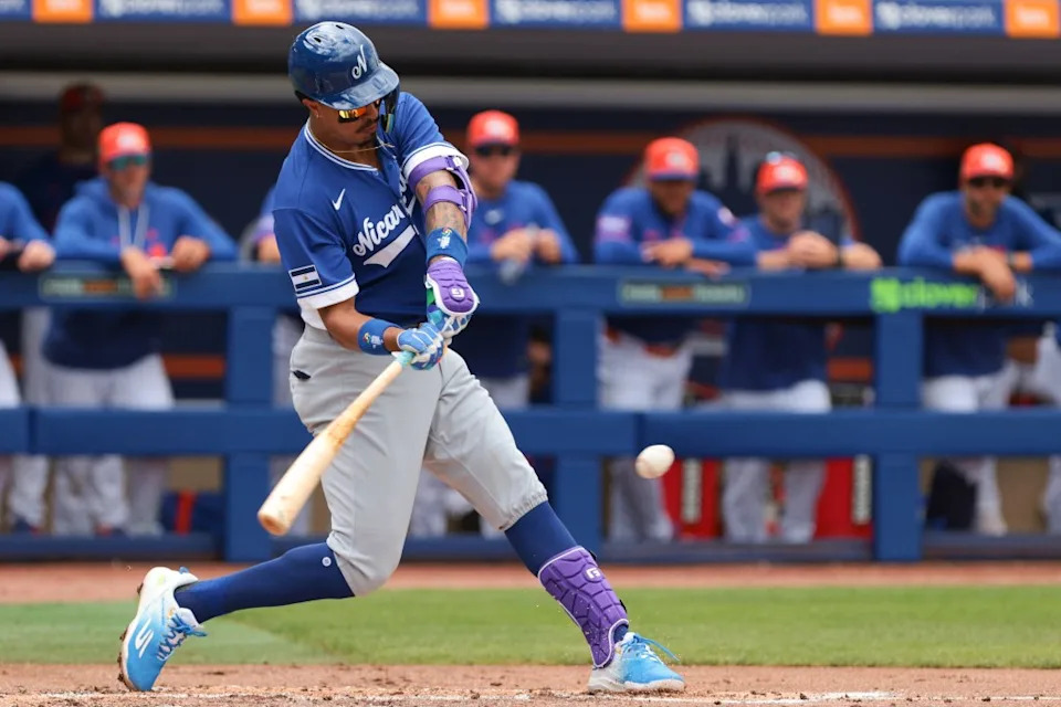 Nicaragua third baseman Mark Vientos (13) hits a single against the New York Mets during the second inning at Clover Park. IMAGN IMAGES via Reuters Connect