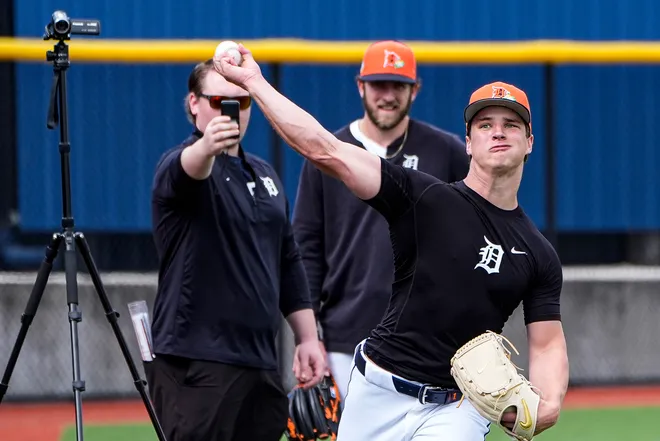 Detroit Tigers pitcher Jackson Jobe practices during spring training at TigerTown in Lakeland, Fla. on Monday, Feb. 16, 2026.