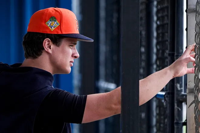 Detroit Tigers pitcher Jackson Jobe watches live batting practice during spring training at TigerTown in Lakeland, Fla. on Wednesday, Feb. 18, 2026.