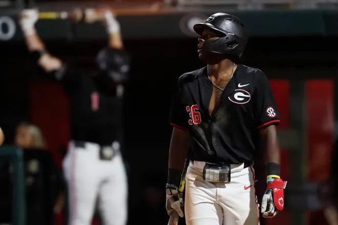 Georgia's Tre Phelps (36) gets ready to bat during Game 3 of the Super NCAA Regional against NC State at Foley Field on Monday, June 10, 2024 in Athens, Ga. NC State won 8-5.