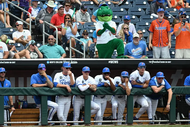 Jun 19, 2024; Omaha, NE, USA; The mascot of the Florida Gators watches action with the team against the Kentucky Wildcats during the ninth inning at Charles Schwab Field Omaha. Mandatory Credit: Steven Branscombe-USA TODAY Sports