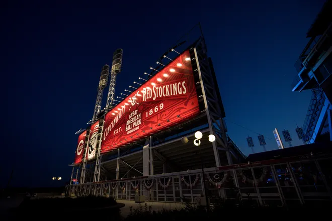 A view of the outside of Great American Ballpark as the Cincinnati Reds participate in the Light Ohio Blue campaign.