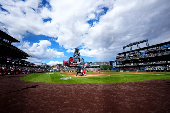 General view of the first inning between the Los Angeles Angels against the Colorado Rockies at Coors Field.