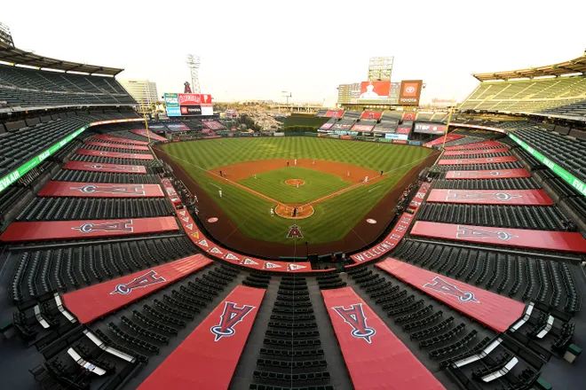 General view of Angel Stadium during the game between the Los Angeles Angels and the Houston Astros.