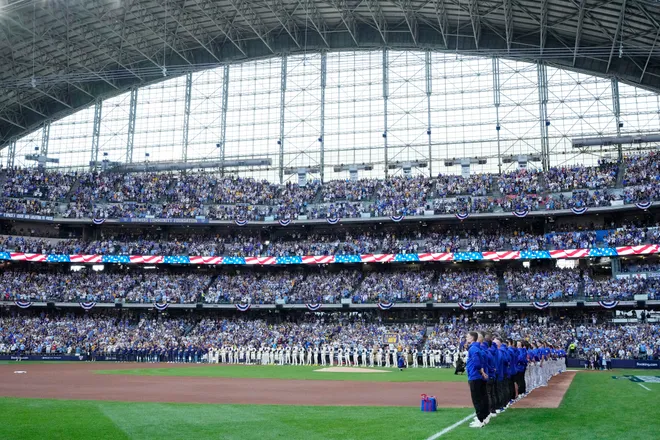 A general view during the national anthem before game one of the NLDS round for the 2025 MLB playoffs between the Chicago Cubs and Milwaukee Brewers at American Family Field.