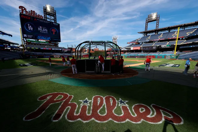 General view as the Philadelphia Phillies take batting practice before game one of the NLDS round of the 2025 MLB playoffs against the Los Angeles Dodgers at Citizens Bank Park.