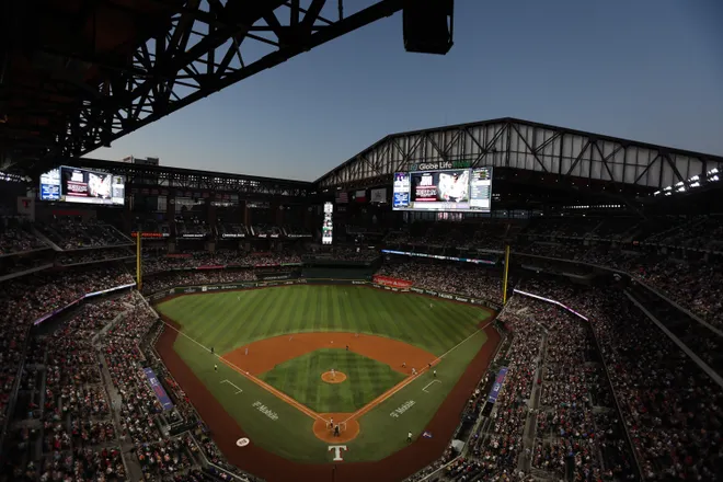 ; A general view of the ballpark with the roof open during the game between the Texas Rangers and the St. Louis Cardinals at Globe Life Field.