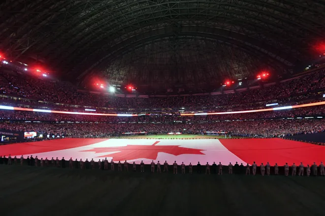 General view during the Canadian national anthem before game six of the 2025 MLB World Series between the Toronto Blue Jays and the Los Angeles Dodgers at Rogers Centre.