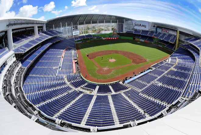 A general view of Marlins Park complex prior to a game between the Miami Marlins and Philadelphia Philliess on September 30, 2012 in Miami, Florida.