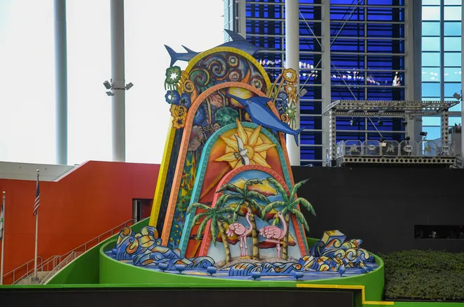MIAMI, FL - MARCH 29: A detailed view of the Marlins home run sculpture in centerfield before Opening Day between the Miami Marlins and the Chicago Cubs at Marlins Park on March 29, 2018 in Miami, Florida.