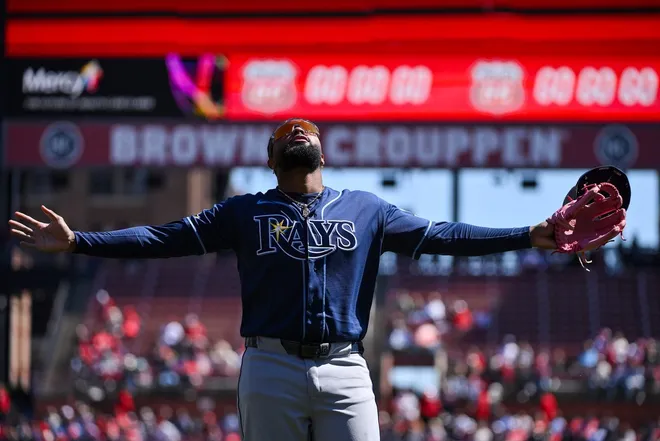 Mar 28, 2026; St. Louis, Missouri, USA; Tampa Bay Rays third baseman Junior Caminero (13) reacts before a game against the St. Louis Cardinals at Busch Stadium.