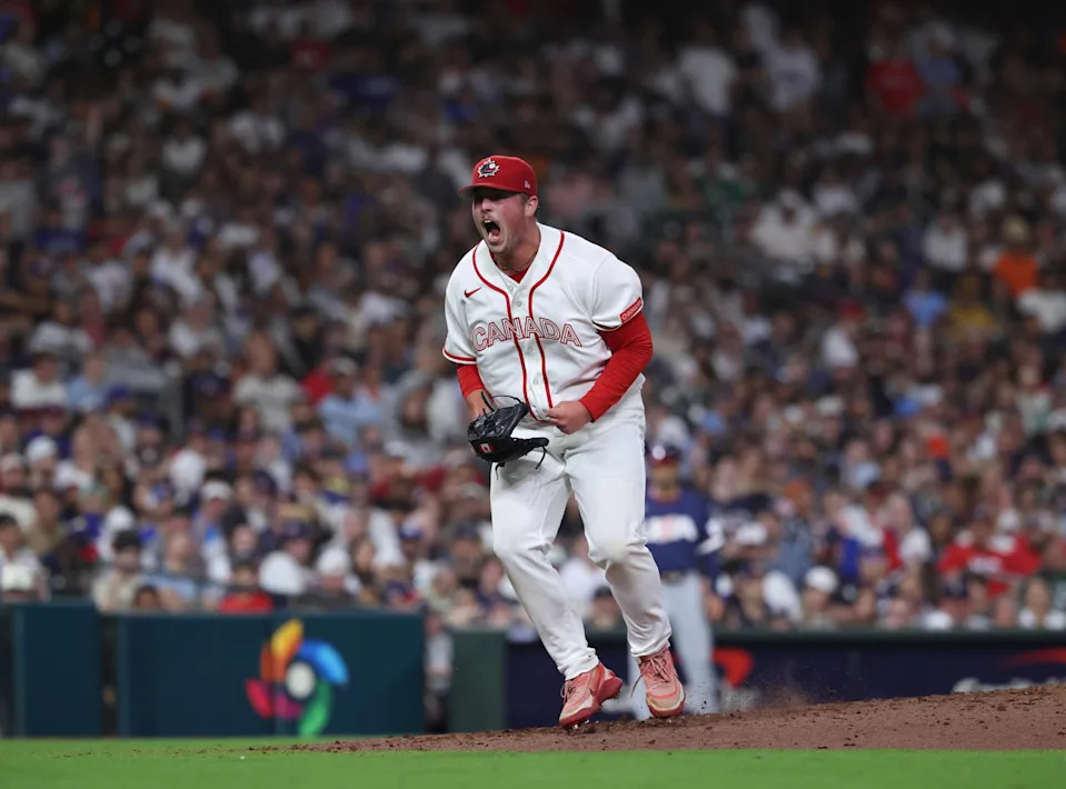 Mar 13, 2026; Houston, TX, United States; Canada relief pitcher Matt Wilkinson (35) reacts during the eighth inning against the United States during a quarterfinal game of the 2026 World Baseball Classic at Daikin Park. Mandatory Credit: Troy Taormina-Imagn Images