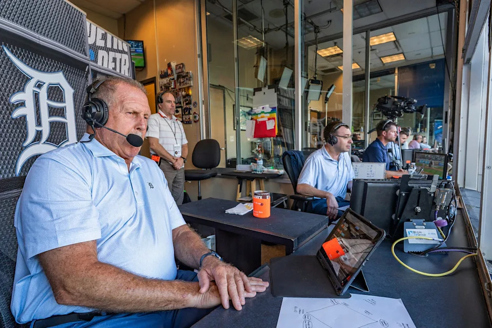Detroit Tigers TV announcers Dan Petry and Jason Benetti call a game against the Houston Astros at Comerica Park in Detroit on Monday, Aug. 18, 2025.