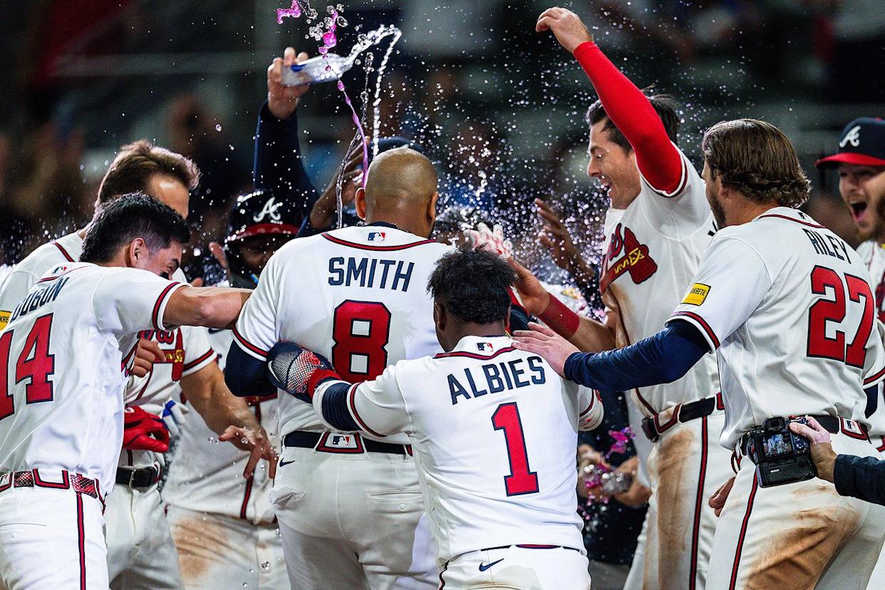 Dominic Smith of the Atlanta Braves and his teammates after their game against the Kansas City Royals at Truist Park in Atlanta on March 28, 2026Credit: Matthew Grimes Jr./Atlanta Braves/Getty