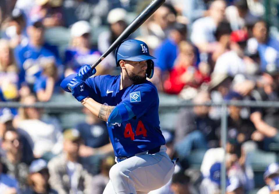 Los Angeles Dodgers outfielder Andy Pages against the Los Angeles Angels during a spring training game at Tempe Diablo Stadium.