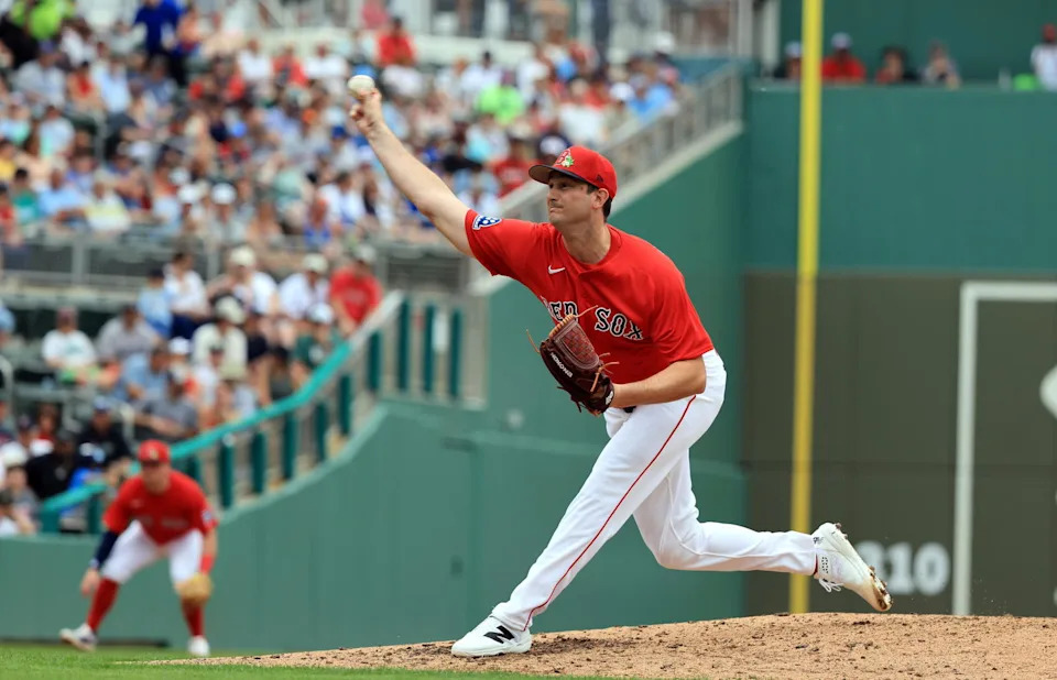 Feb 22, 2026; Fort Myers, Florida, USA; Boston Red Sox pitcher Garrett Whitlock (22) throws a pitch during the third inning against the Toronto Blue Jays at JetBlue Park at Fenway South. (Kim Klement Neitzel/Imagn Images)