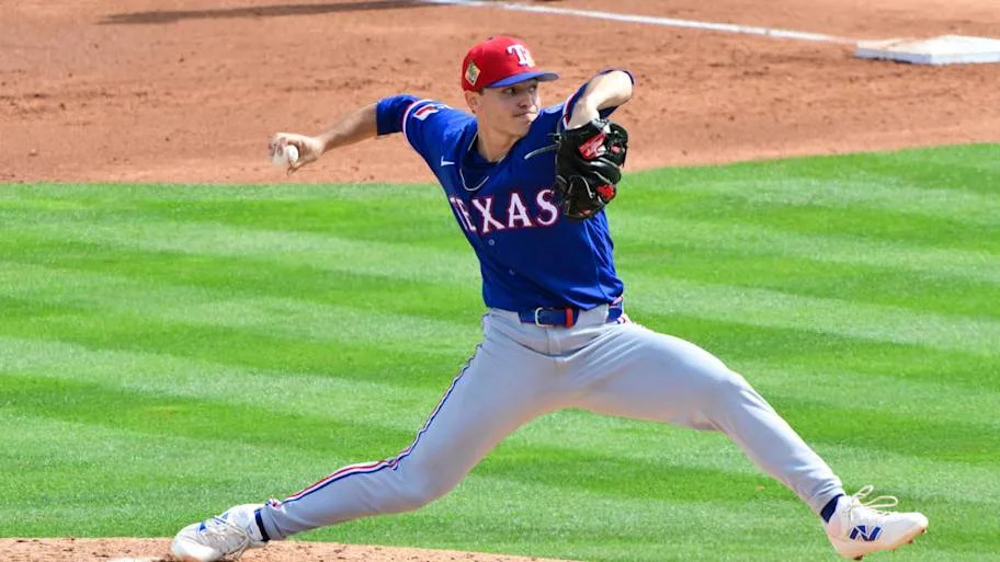 Texas Rangers pitcher Jack Leiter throws.