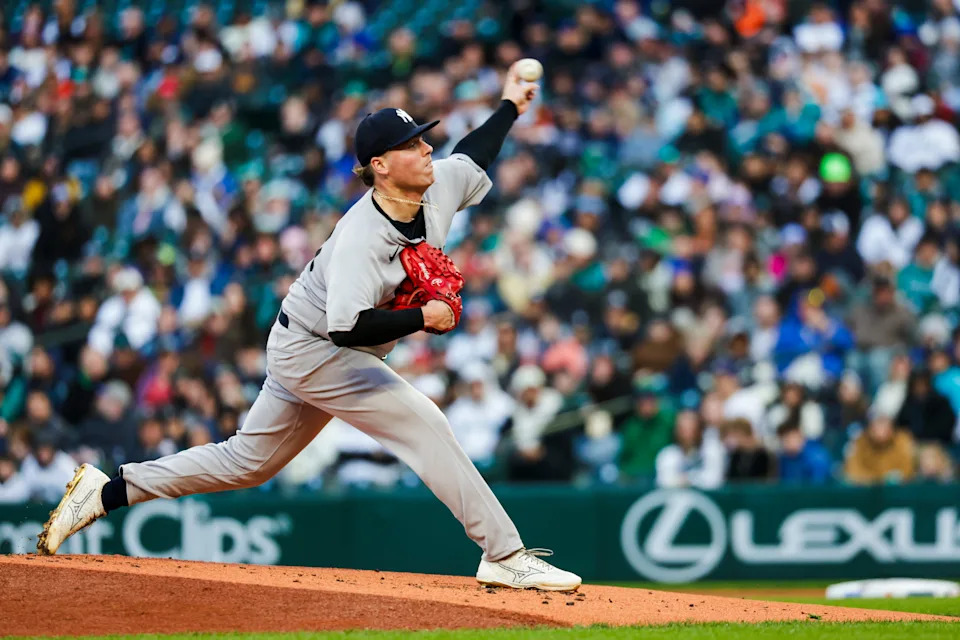 Mar 30, 2026; Seattle, Washington, USA; New York Yankees starting pitcher Ryan Weathers (40) throws against the Seattle Mariners during the first inning at T-Mobile Park. Mandatory Credit: Joe Nicholson-Imagn Images