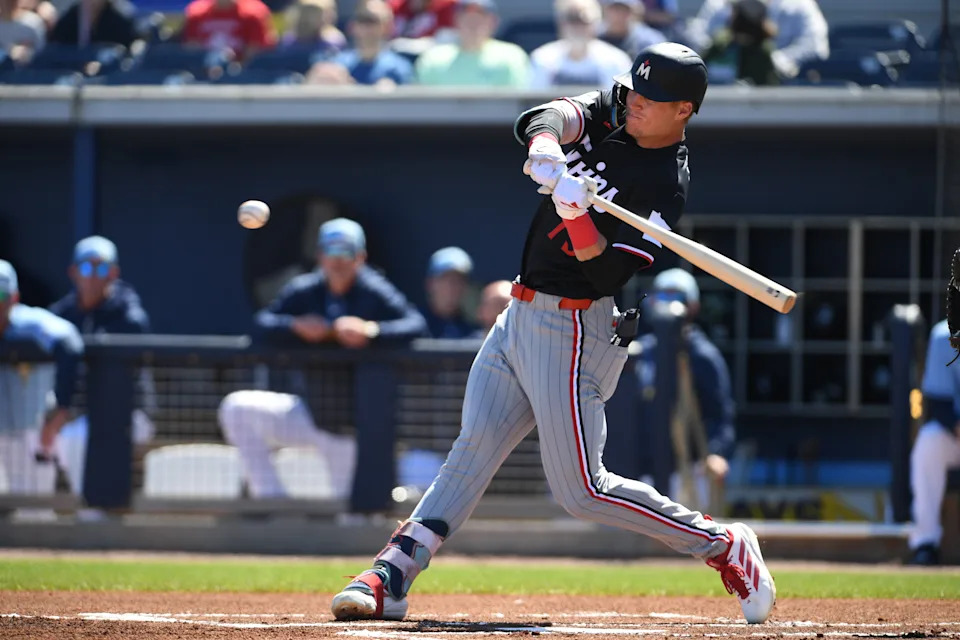 PORT CHARLOTTE, FLORIDA - FEBRUARY 24: Walker Jenkins #75 of the Minnesota Twins lines out during the first inning of a spring training game against the Tampa Bay Rays at Charlotte Sports Park on February 24, 2026 in Port Charlotte, Florida. (Photo by Mark Taylor/Getty Images) | Getty Images